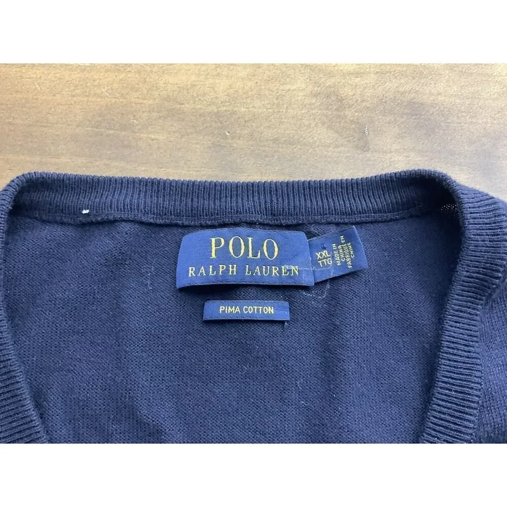 Polo Ralph Lauren Sweater Mens 2XL Blue V-Neck Pullover Pima Cotton